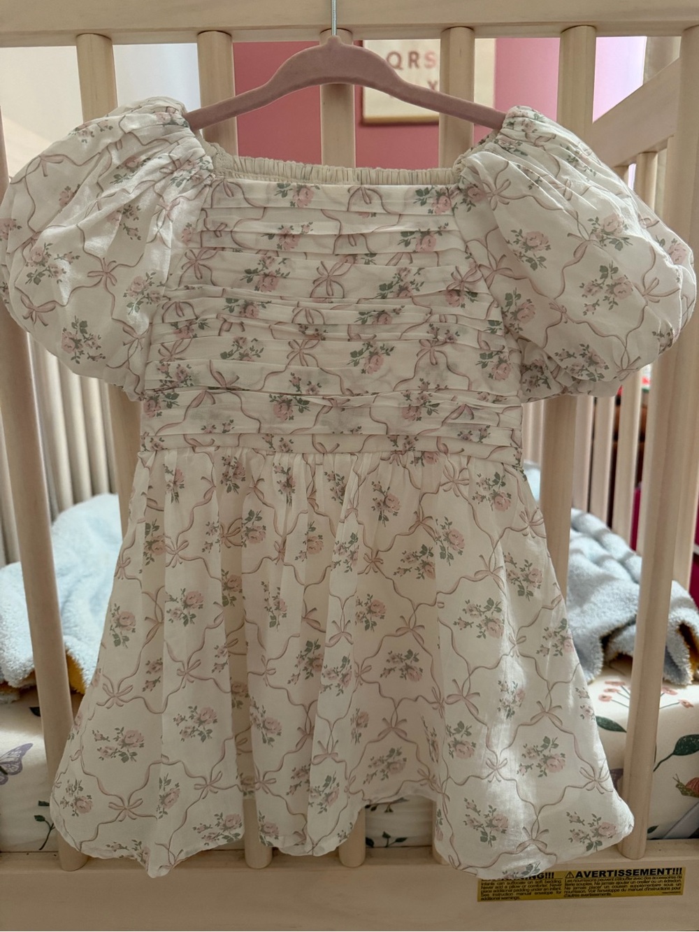 Girls Cream Floral Puff-Sleeve Dress